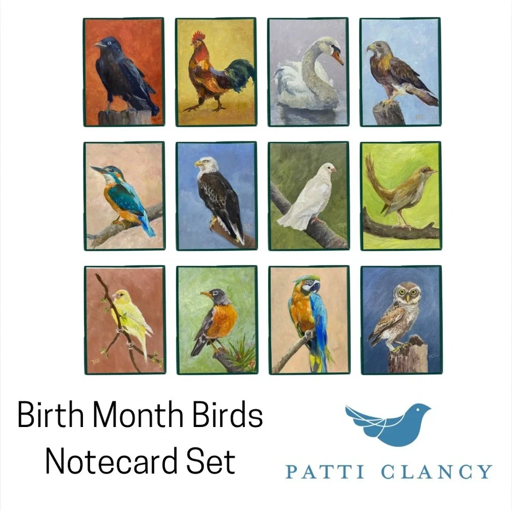 Patti Clancy Oil Painting Birth Month Birds Notecard Set 12 5x7 Blank Made USA